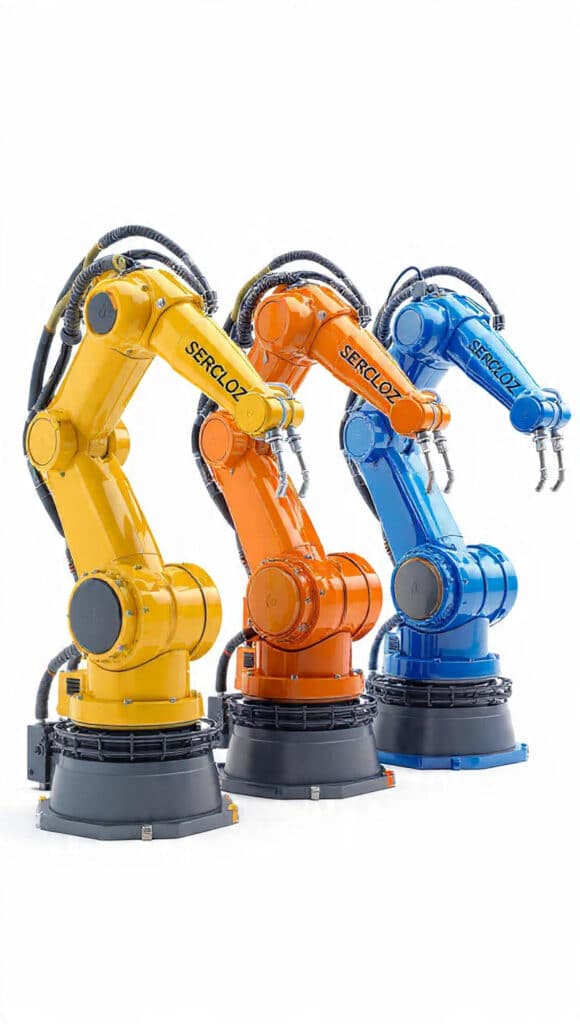 Three industrial robotic arms in yellow, orange, and blue mounted on dark bases in a row.