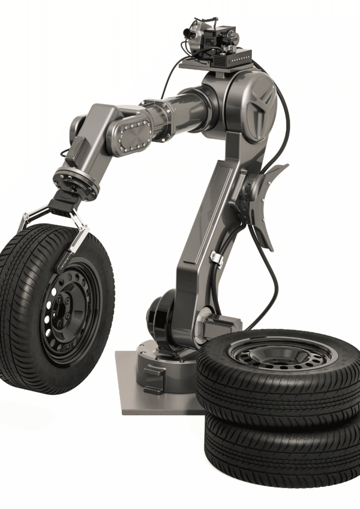 Industrial robotic arm with a tire mounting head lifting a car tire underwater? Wait this is wrong.